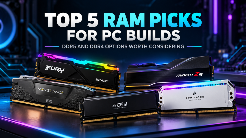 Comparison of five RAM picks with DDR5 6000, DDR5 6400, and DDR4 3600 options