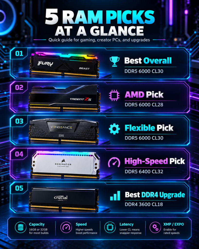 Top 5 RAM picks for PC builds, including DDR5 and DDR4 memory options