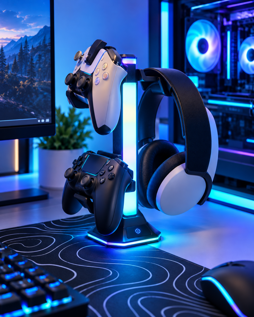 RGB gaming controller and headset stand with colorful LED lighting in a modern gaming desk setup.