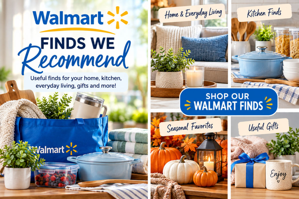 Walmart shopping finds including kitchen items, home essentials, organization products, and gifts